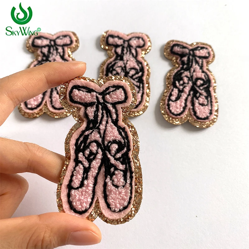 Cute Pink Black Color Bow Ballet Shoes Felt Patches with Gold Glitter Iron on Self-adhesive Embroidery Cloth Sticker Patches