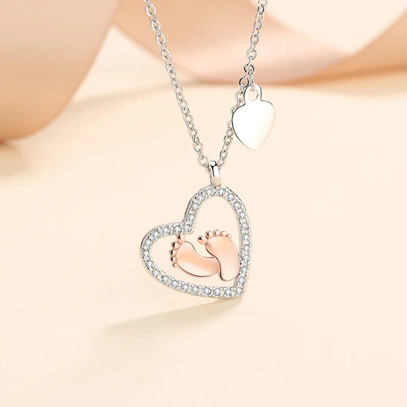 S925 heart sterling silver baby footprint love necklace pendant clavicle neck chain for women