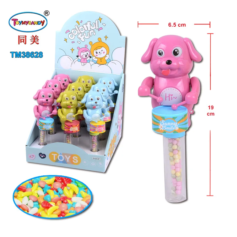 Hot selling plastic animal toy dog drummer toy stick  toy with candy