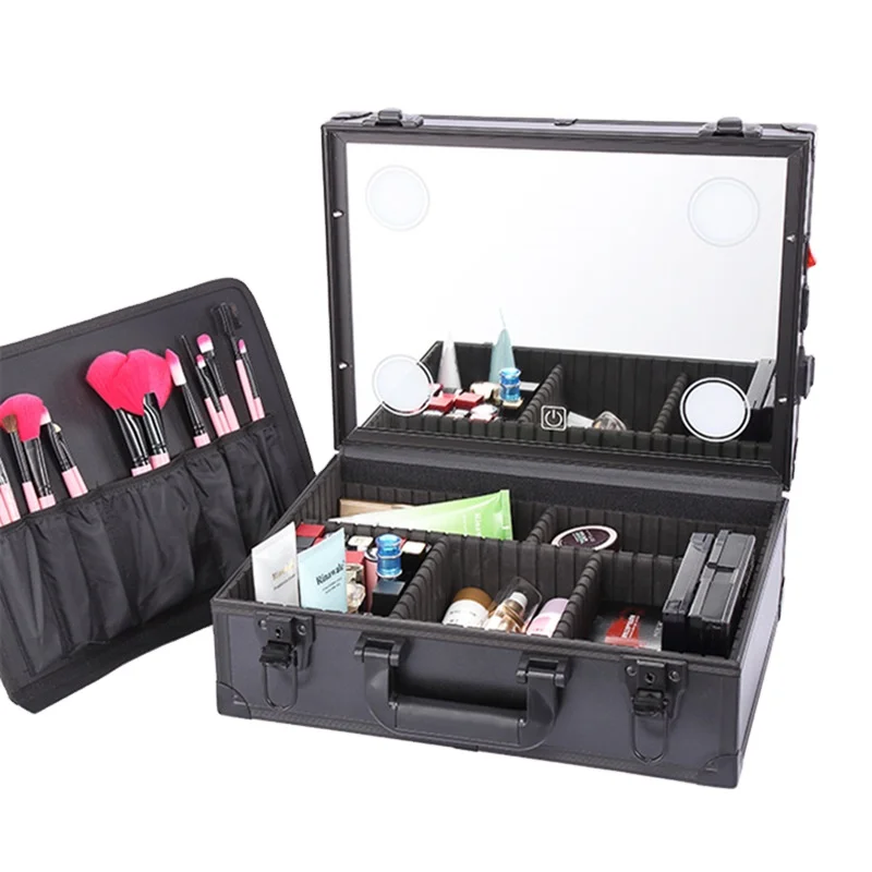 Professional pink black 3 color LED travel makeup train case with mirror light