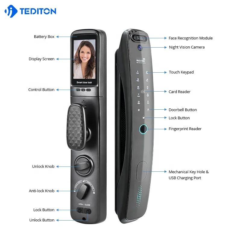 Tediton 3D Face ID дверной замок с камерой/цифровой глазок звонок Tuya Wi-Fi отпечаток пальца смарт-телефон функцией распознавания