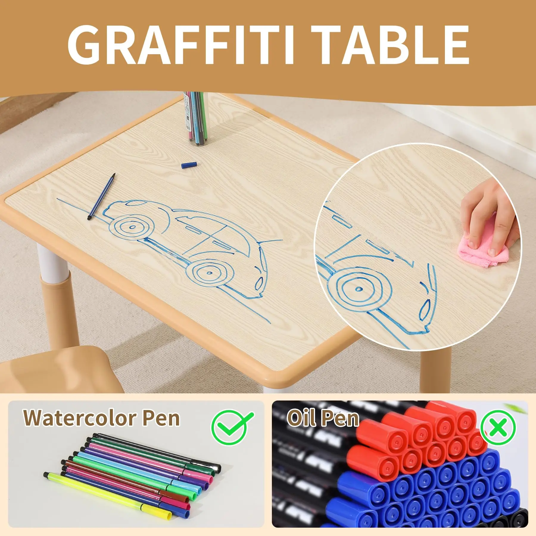 Kids Table and Chair Set,Height Adjustable Toddler Table and Chair Set for Study,31.5'L x 23.6'W Graffiti Table with 4 Chairs