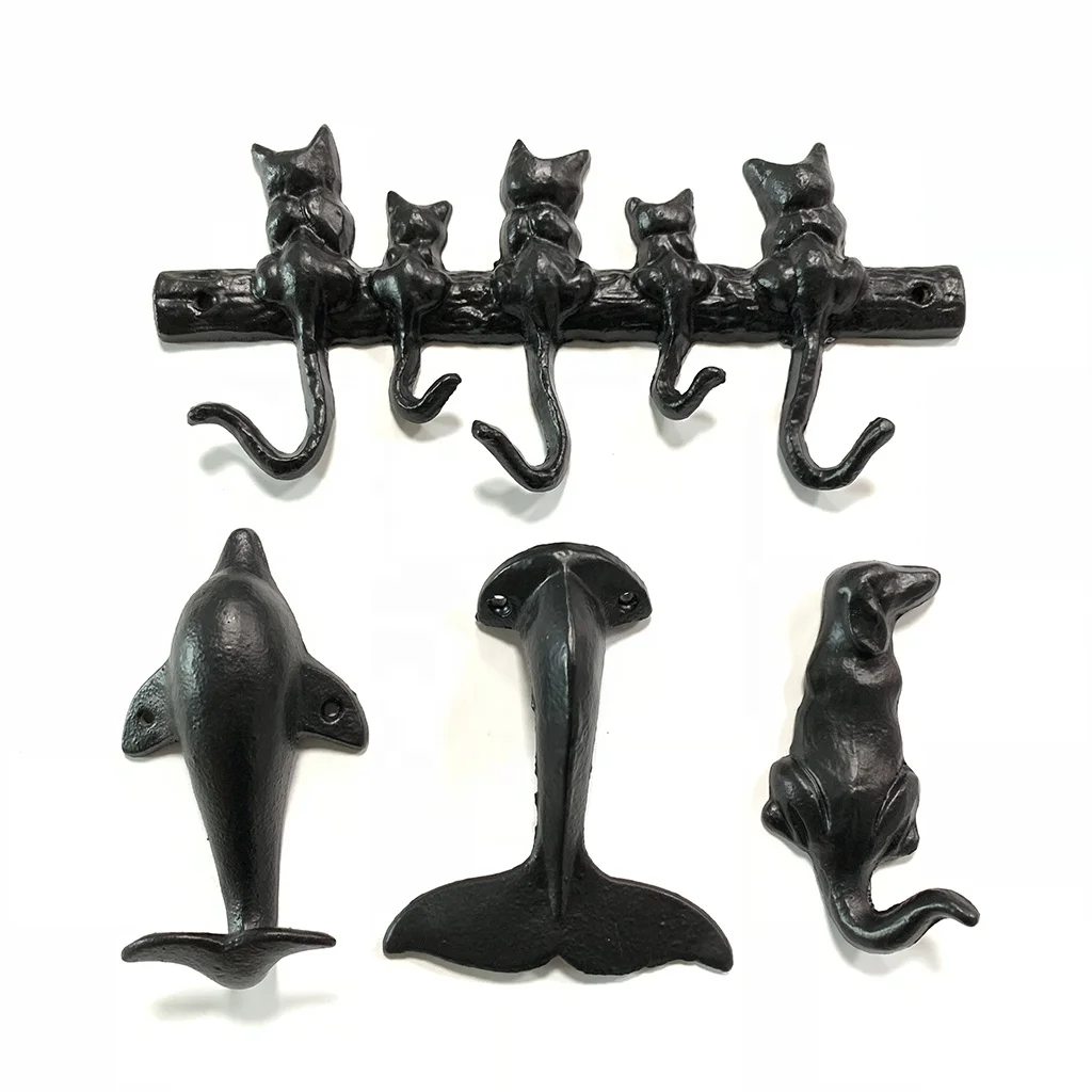 Animal Home Decorative Hanger Black Cat Metal Cast Iron Wall Mounted Hooks