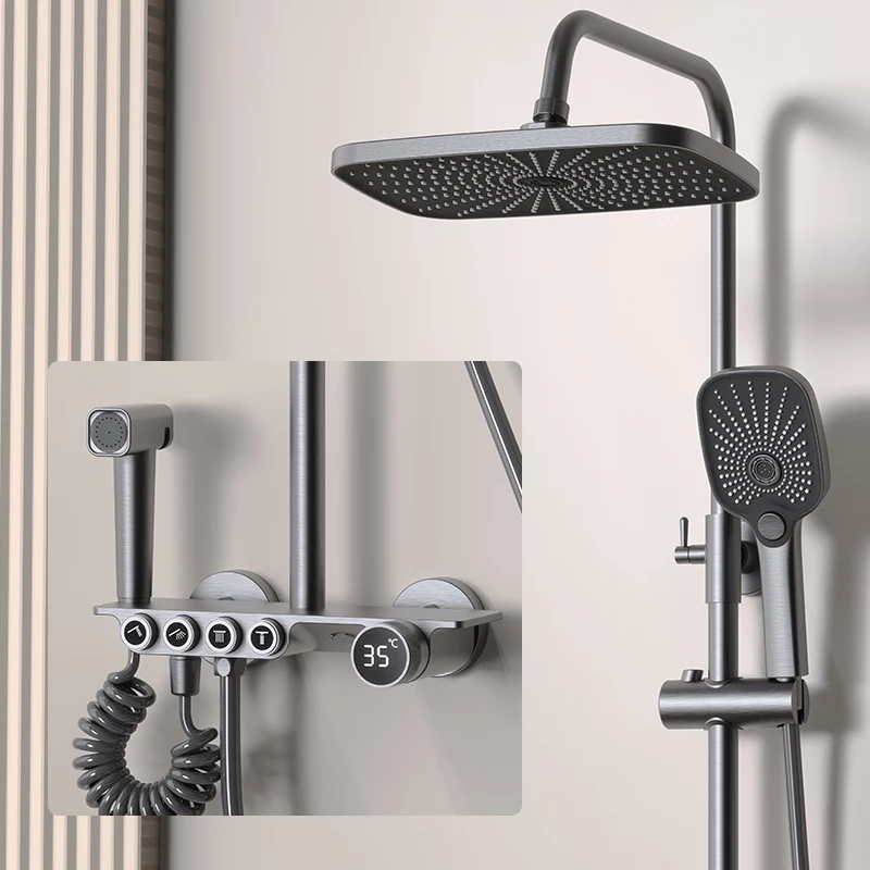 Thermostatic Shower Set Square Head Spa Rainfall Shower System Bathroom Wall Mount Black Bath Faucet Hot Cold Mixer Copper Tap