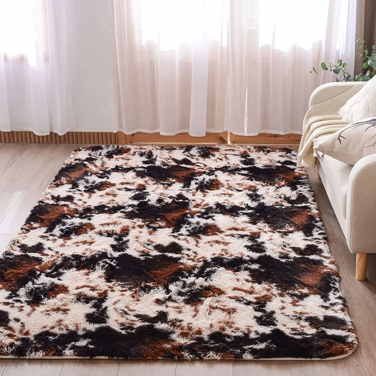 Factory price tie dye Cow brown Floor Plush Shaggy Polyester fluffy Home Non Slip Living Room Rug Carpets
