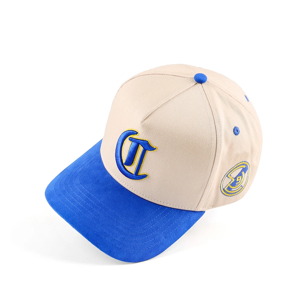Custom High Quality 5 Panel A Frame Style Cotton Baseball Cap With 3D Raised Embroidery Logo Suede Two Tone Hats