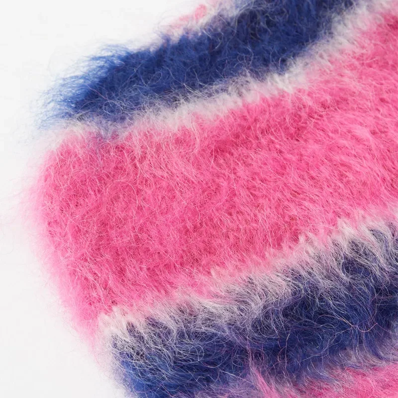 FYB Custom Jacquard Logo Knit Winter Color Block Stripe Fluffy Beanie Warm Fuzzy Knit Mohair Beanie Winter Hat