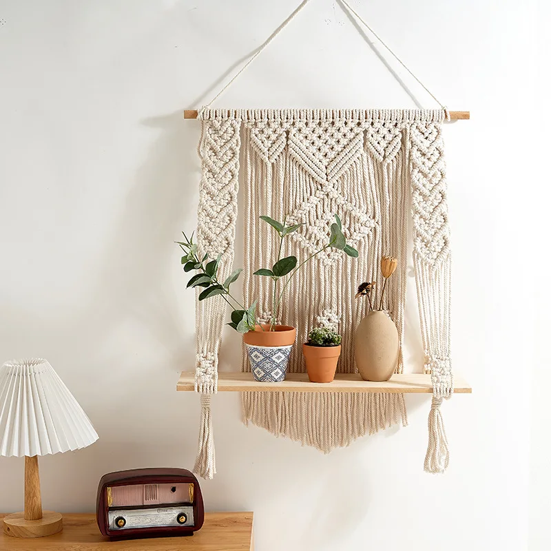 Домашняя декоративная плетеная настенная полка для макраме из хлопка ручной работы подвесная гобелена цветочных