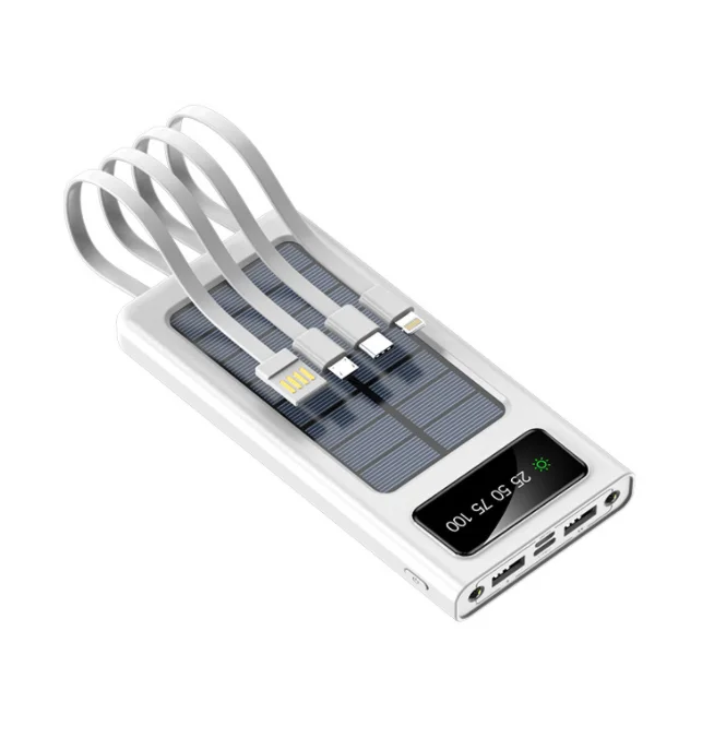 Solar Portable Power Bank 20000mAh 4 Build-in Wires Fast Charging Safe Polymer Power Bank with Cable LED light
