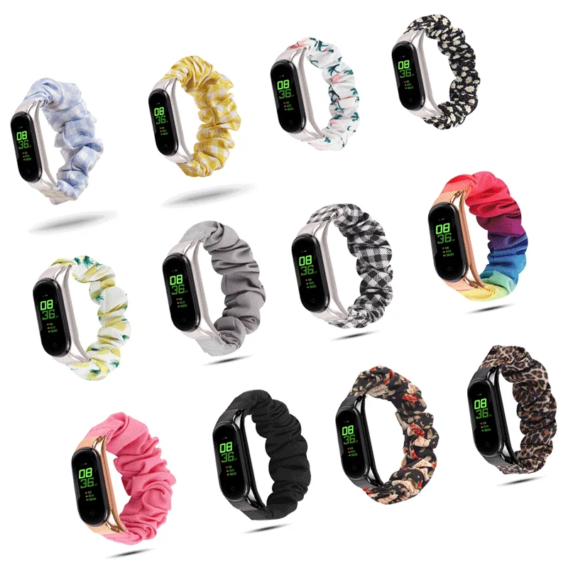 Qiman Multi Pattern Designs Elastic Replacement Wristband Scrunchie Smart Watch Band for Xiaomi Mi Band 4/3 Strap