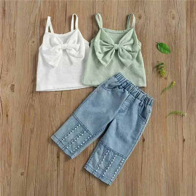 
1-6Y Summer Lovely Kids Girls Clothes Sets 2pcs Sling Bowknot Cropped Shirts With Pearls Blue Denim Pants 