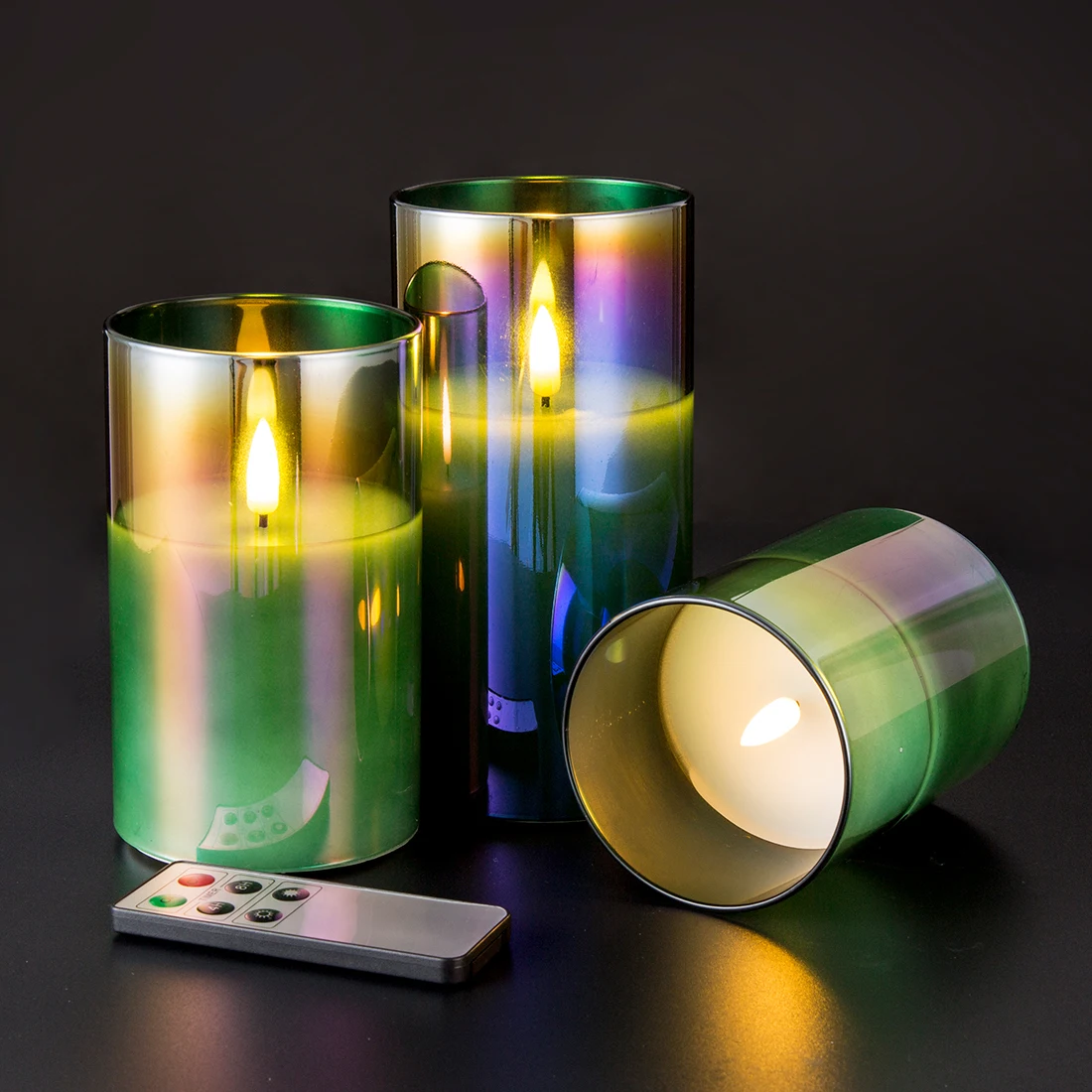 Wholesale 3d flameless Wedding pillar paraffin wax green glass led scented candles