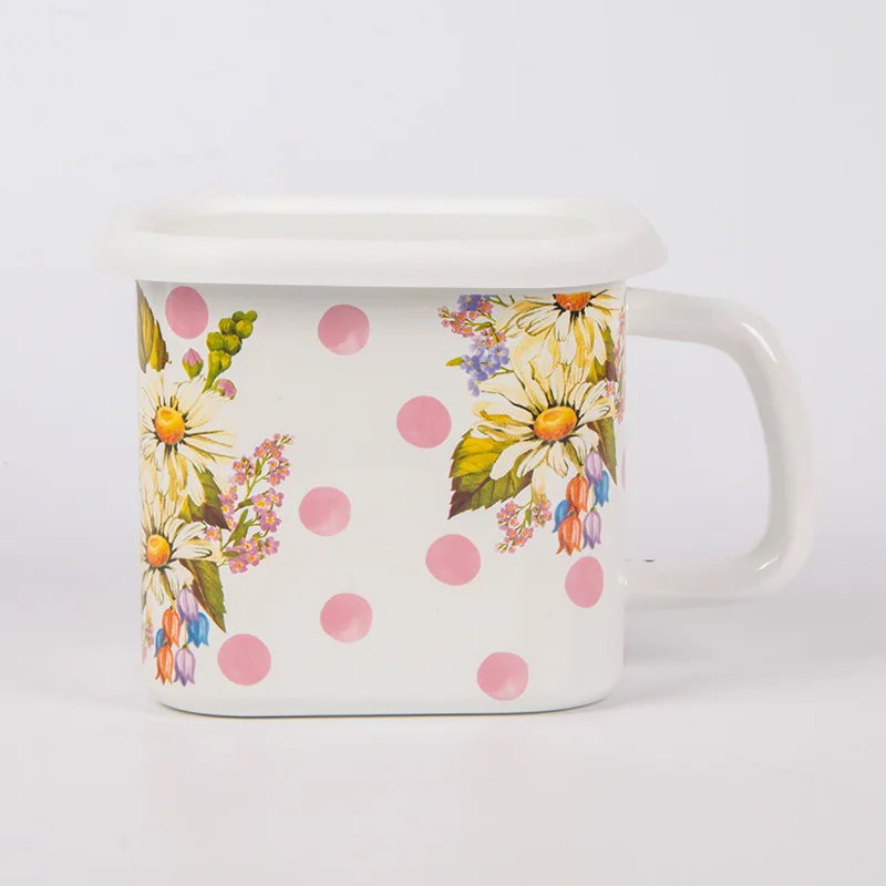 Factory Wholesale Custom Logo 14cm metal crisper storage container food grade Square enamel mug with handle lid