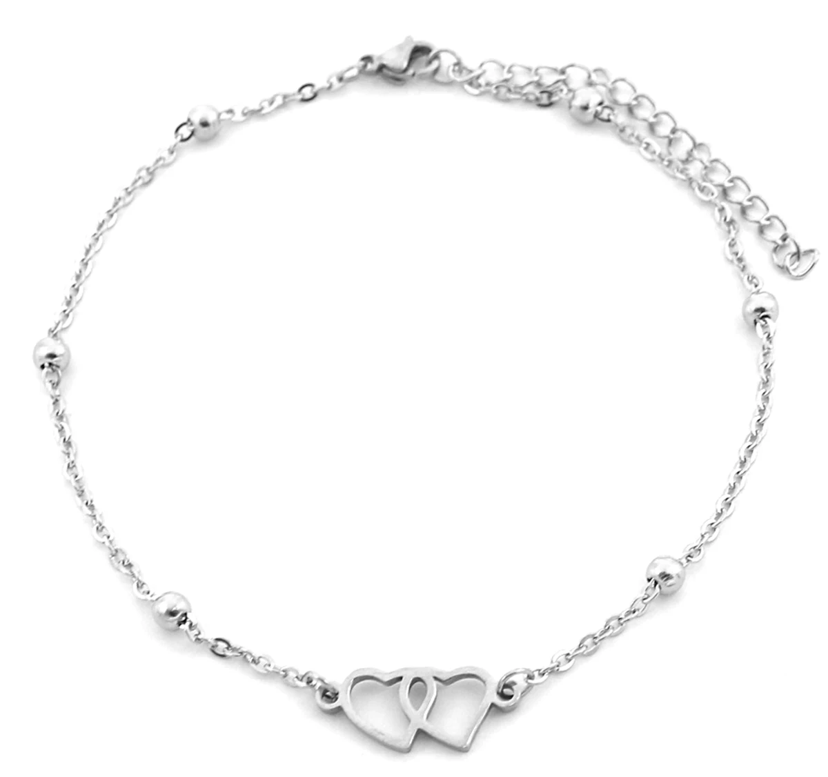 Halo ANK2120-074 Women Fashion Double Heart Anklet Bracelet Foot Jewelry Stainless Steel 5 Silver Anklet Bracelets