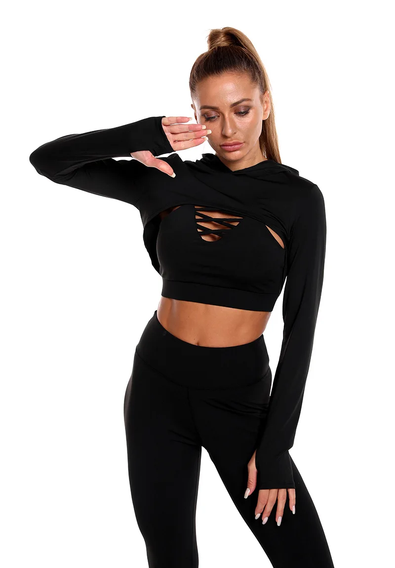 Hot selling hoodies tops pants vest 3 pieces exercise run quick dry casual Women Sports long sleeve gym wear Yoga Fitness sets