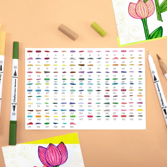 Ohuhu 160 Colors Brush &Fineliner Color Pens, Water Based, Black pen holder