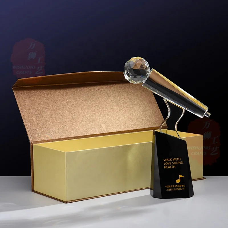 Hot Sale K9 Crystal Music Microphone Trophy Custom Made Transparent Microphone Award Trophy For Music Event Souvenir SPT-13F