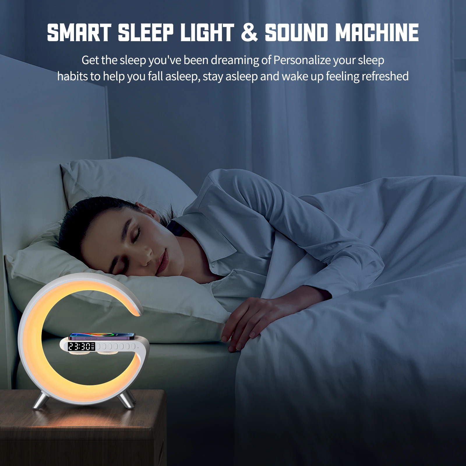 Gradual Sunrise Alarm Clocks  Wake Up Light Table Lamp Smart Sound Light Machine With 15W Fast Wireless Charger