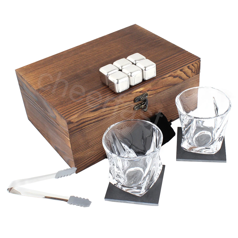 Custom 6pcs Cooling Stones Whiskey 304 Stainless Steel Reusable Chilling Ice Cube Stone Crystal Glasses Whiskey Glass Gift Set
