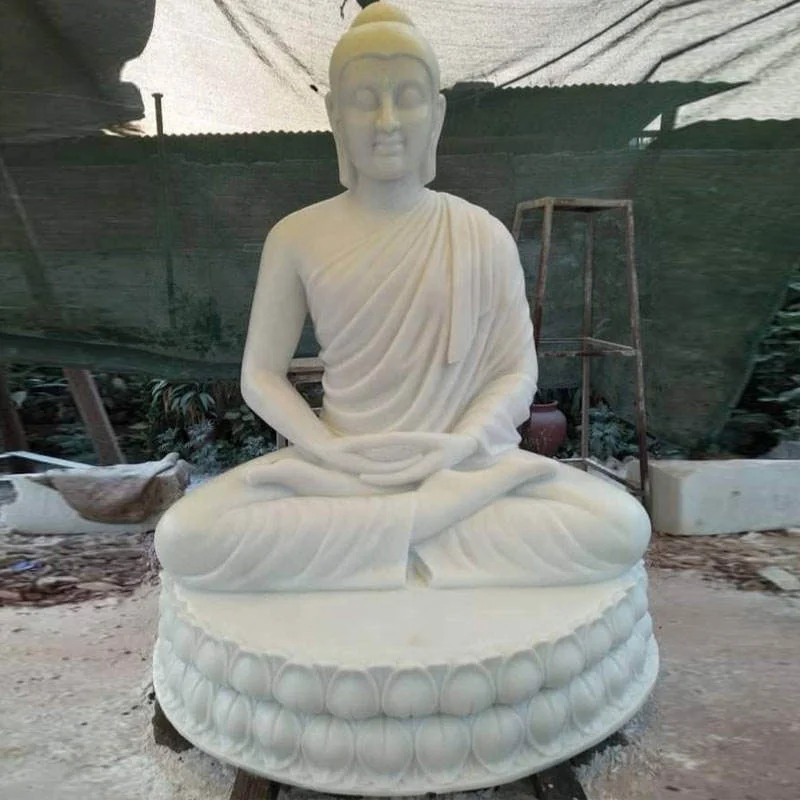 white natural marble buddha sitting on lotus statues