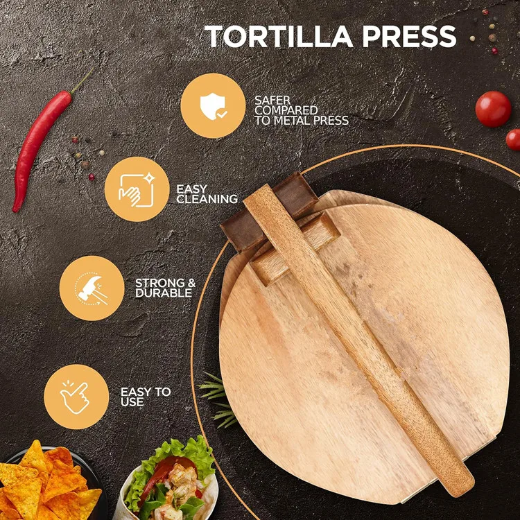 Homemade Mexican Tortillera Dumpling Wrapper Presser Food Grade Dough Cutter Large Round Acacia Wooden Tortilla Press