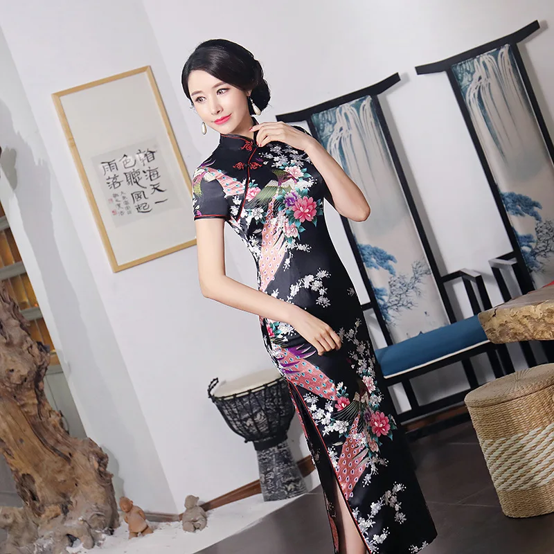 Sexy Purple Women Satin Daily Casual Dress Summer New Long Qipao Print Flower Chinese Cheongsam Size S M L XL XXL 3XL