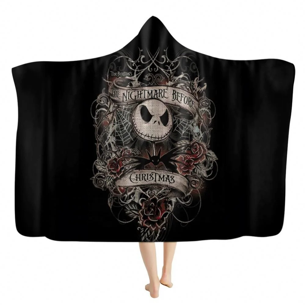 Hot Sale Black Gothic Style Sugar Skull Print Hoodie Blanket For Kids Blanket Hooded Custom Design Halloween Costume Oversized