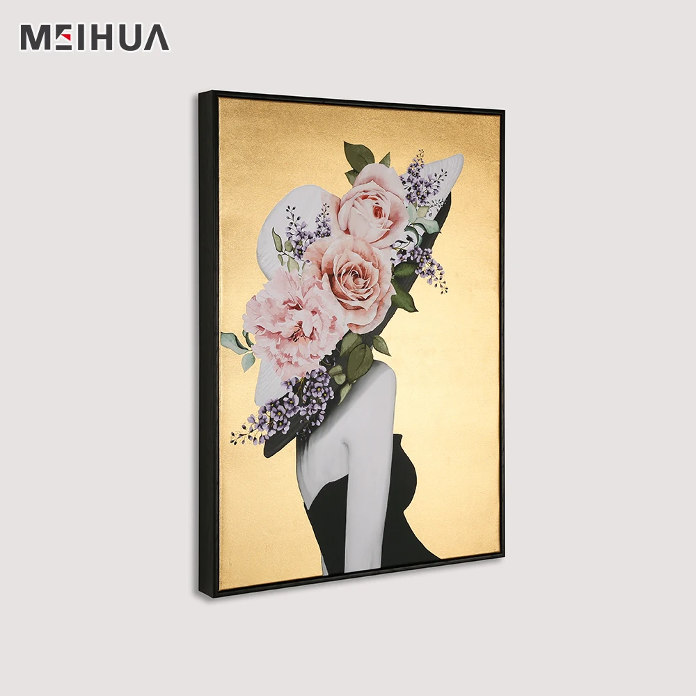 Decoration Pink Flower Hat floating  frames wholesale custom picture art with Gold Foiling Background