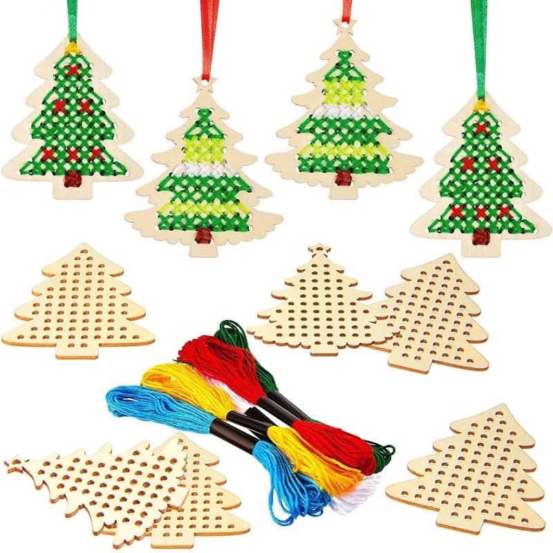 Hot Sale Christmas Trees Wooden Cross Embroidery Ornaments DIY Cross Stitch Kit