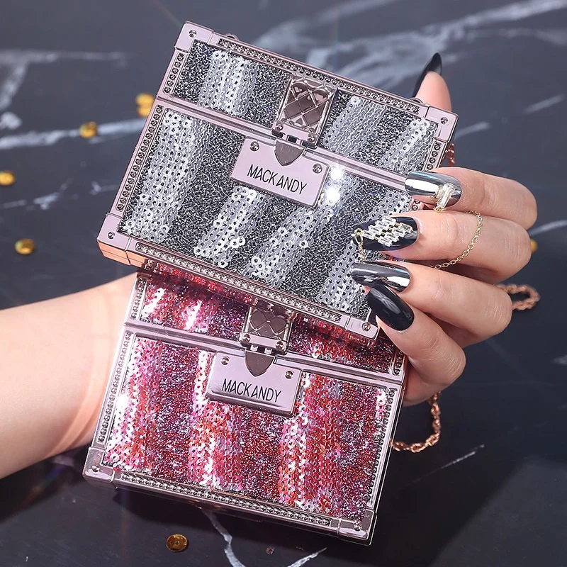 12 colors shiny waterproof popular square bag shaped mirror glitter lipstick eyeshadow container packaging for lady with chain