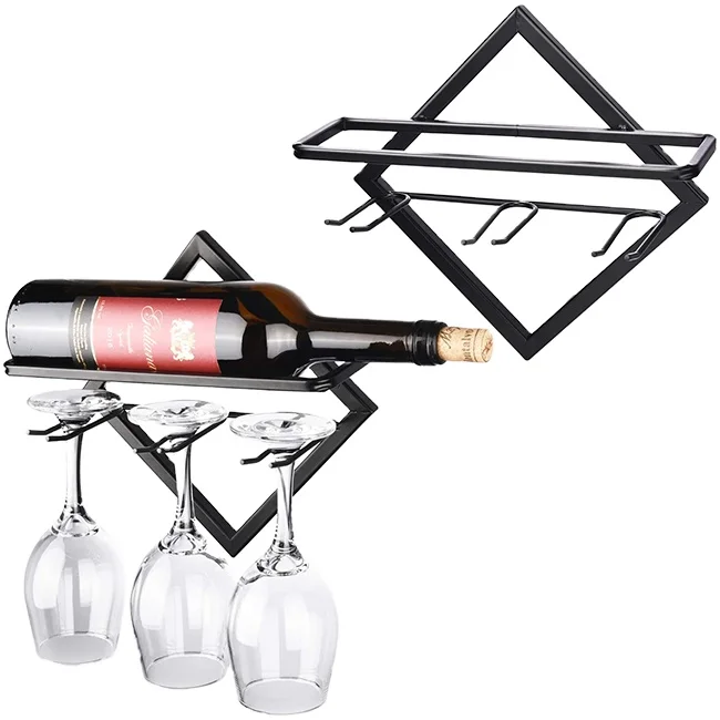 QITERI Good Selling Black Metal Wall Mount Wine Bottle Rack and Stemware Hanger Bottle & Glass Holder for Home & Kitchen