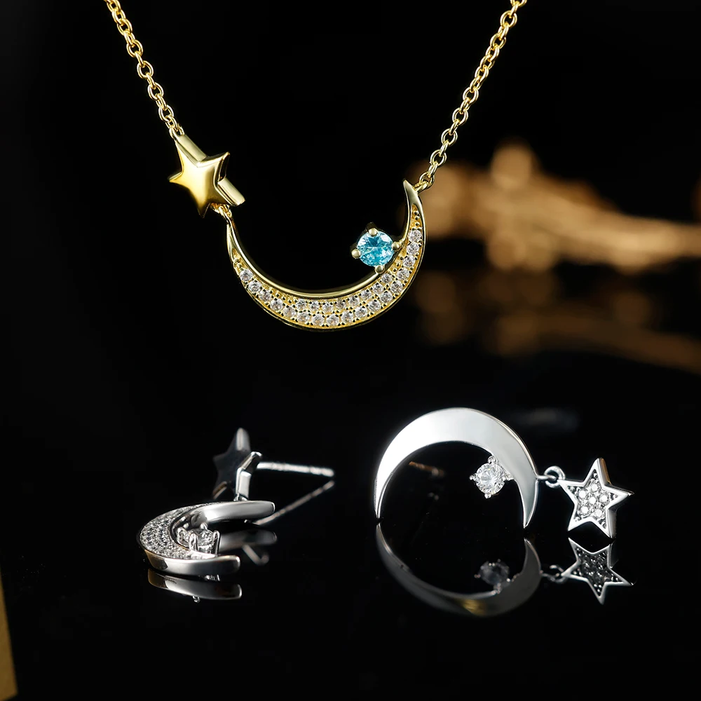 Grace Jewelry Sea Blue Gemstone 925 Sterling Silver Star  Half Moon Crescent Moon Necklace
