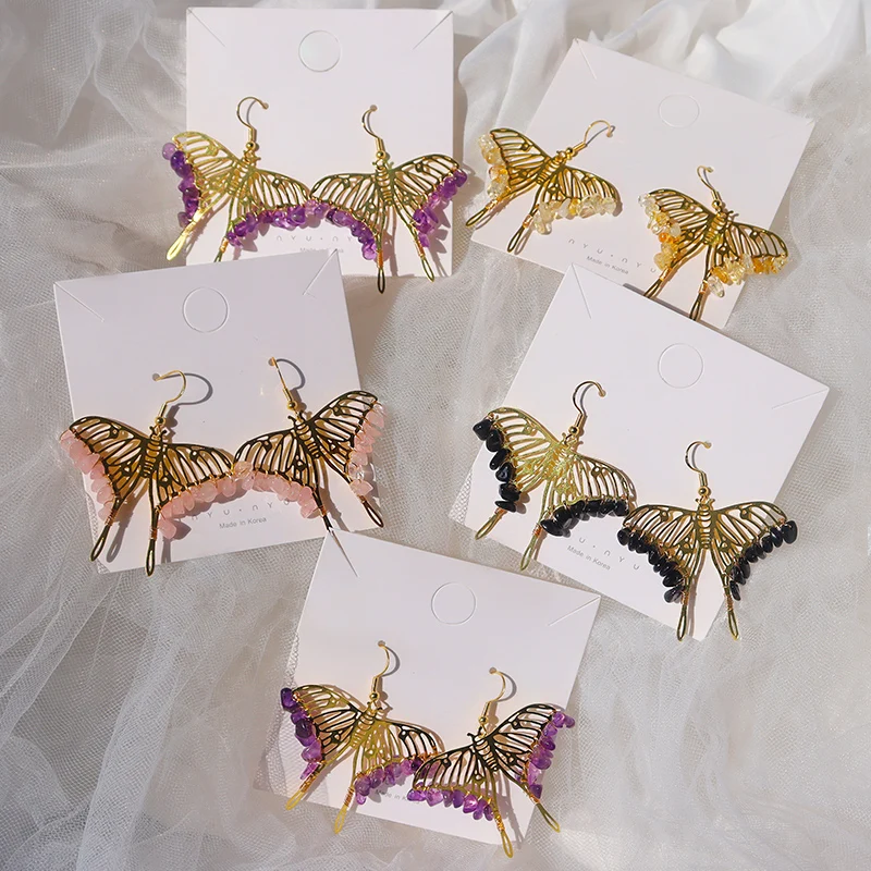 Hot selling  Women natural crystal earrings butterfly earrings Sterling silver 925 amethyst Crystal earrings