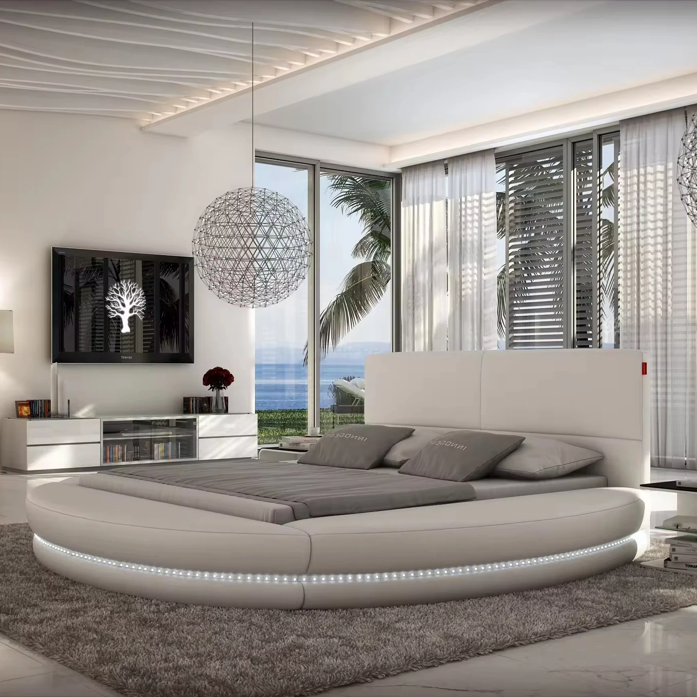 CBMmart Low height rexine bed Popular Modern led light beds circle round bed bedroom furniture