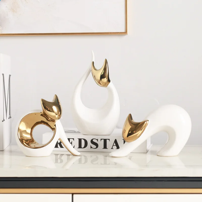 Abstract Cat Shape Ceramic Ornaments Light luxury Modern Figurines Home Decor Ceramic Art Crafts