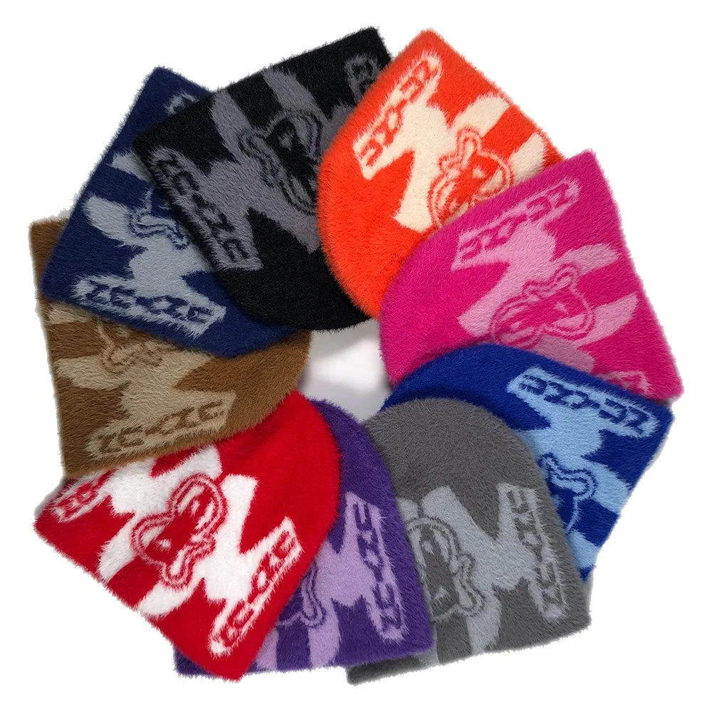 OEM popular premium unisex colorful unfold fur warm knit winter hats with jacquard design logo custom no cuff mohair beanie