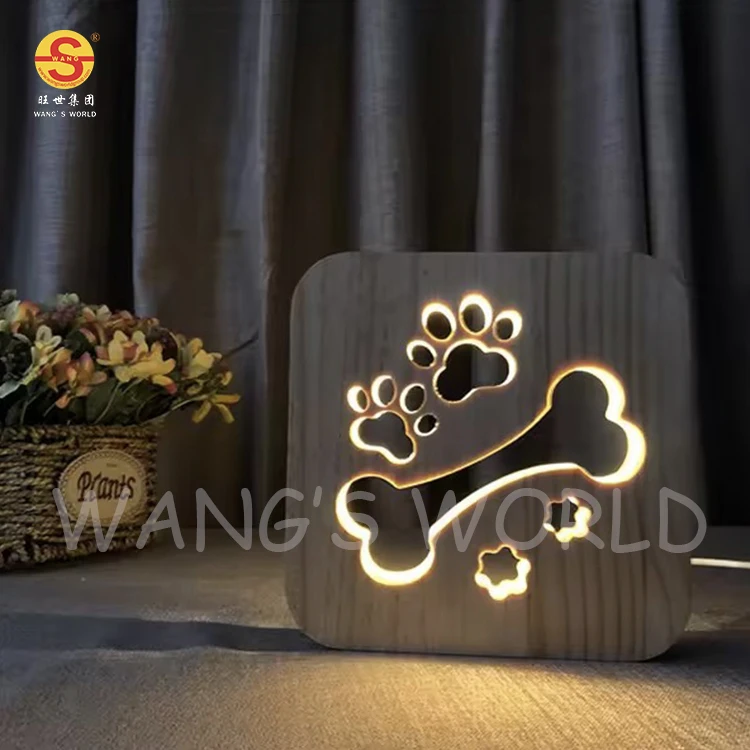 Kids Baby Holiday Gift Novelty Dog Design Wooden Carved Lamp 3D Creative LED USB Power Night Light