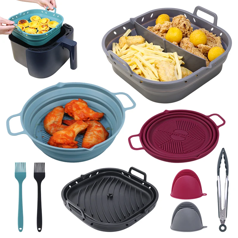 Reusable Air Fryer Oven Accessories Set Silicone Mold Baking Tray Pan Mat Foldable Silicone Pot Air Fryer Liners for Air fryers