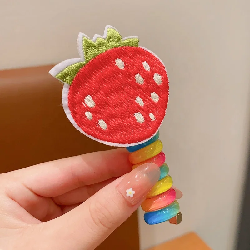 IFOND 2023 Hot Sale Candy Color Pectin Curly Phone Line Hair Ties Cute Cartoon Strawberries Bow High Elastic Hair Ties For Kids