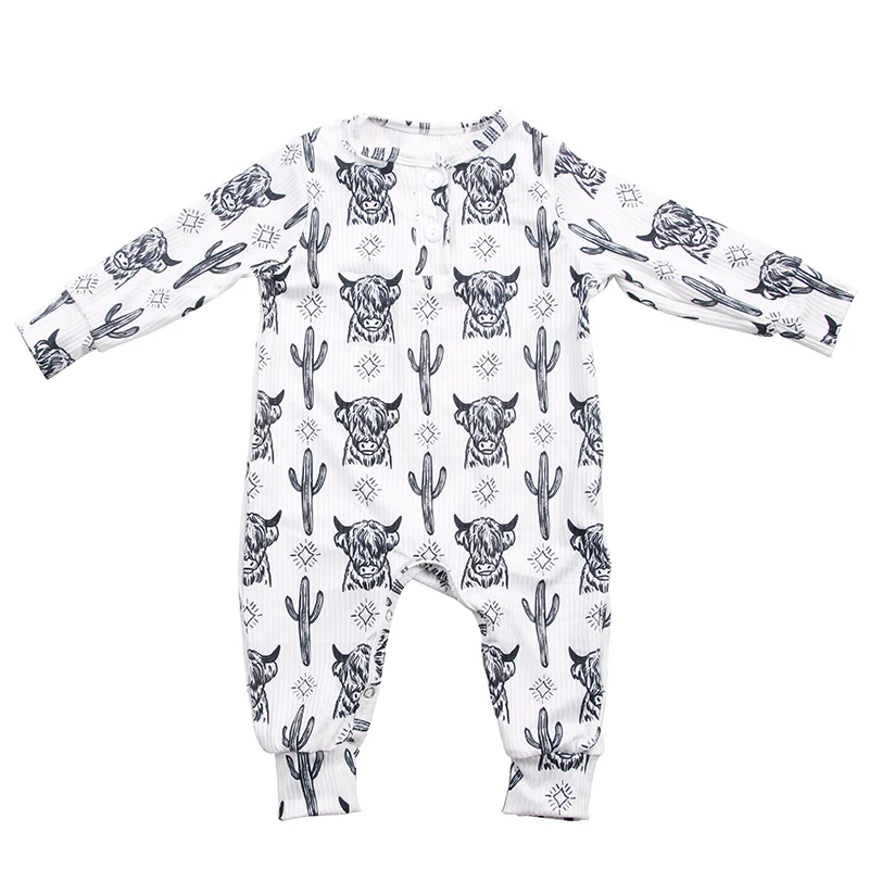 OEM Low Moq Winter Cowtag Highland Cow Print Long Sleeve Pants Jumpsuit Baby Boy Girl  Ribbed Soft Fabric Henley Romper