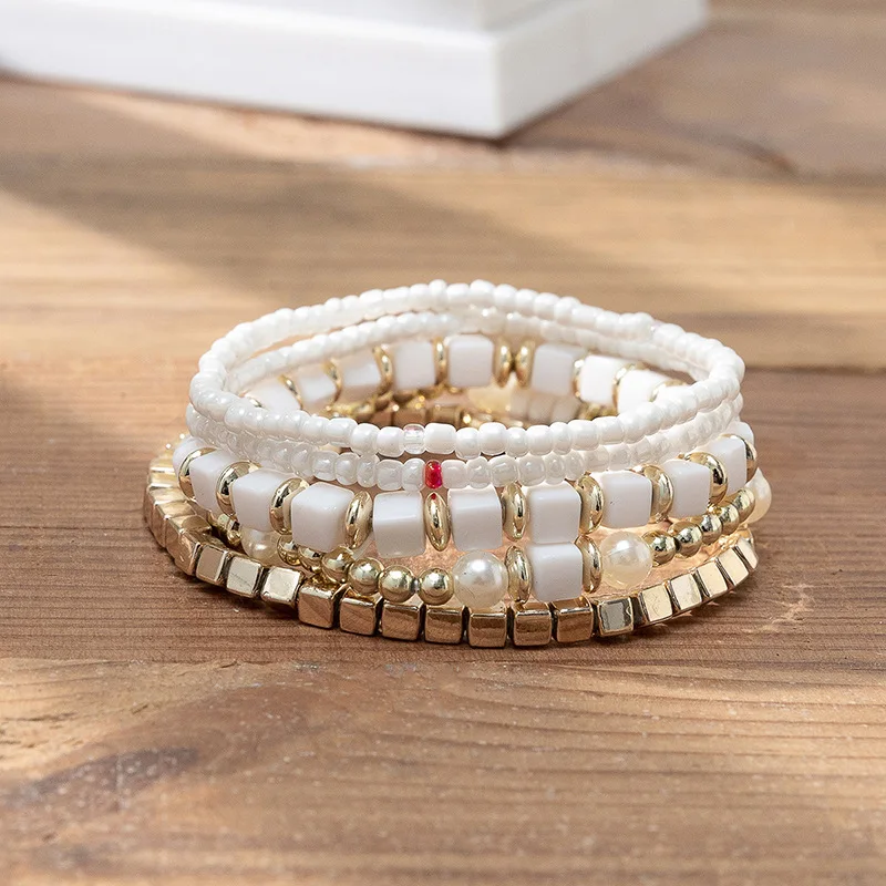 Cheap Wholesale Bohemia Style Seed Beads Bracelet Set 5pcs/set Handmade Boho Beaded Stretch Bracelet for Female