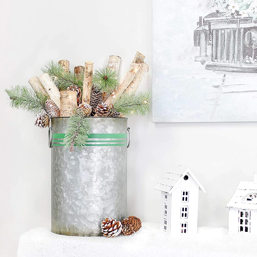 Оцинкованные ведеры для зелени, украшение фермерского дома, оцинкованные банки с зеленой лентой для рождественской зелени и цветов