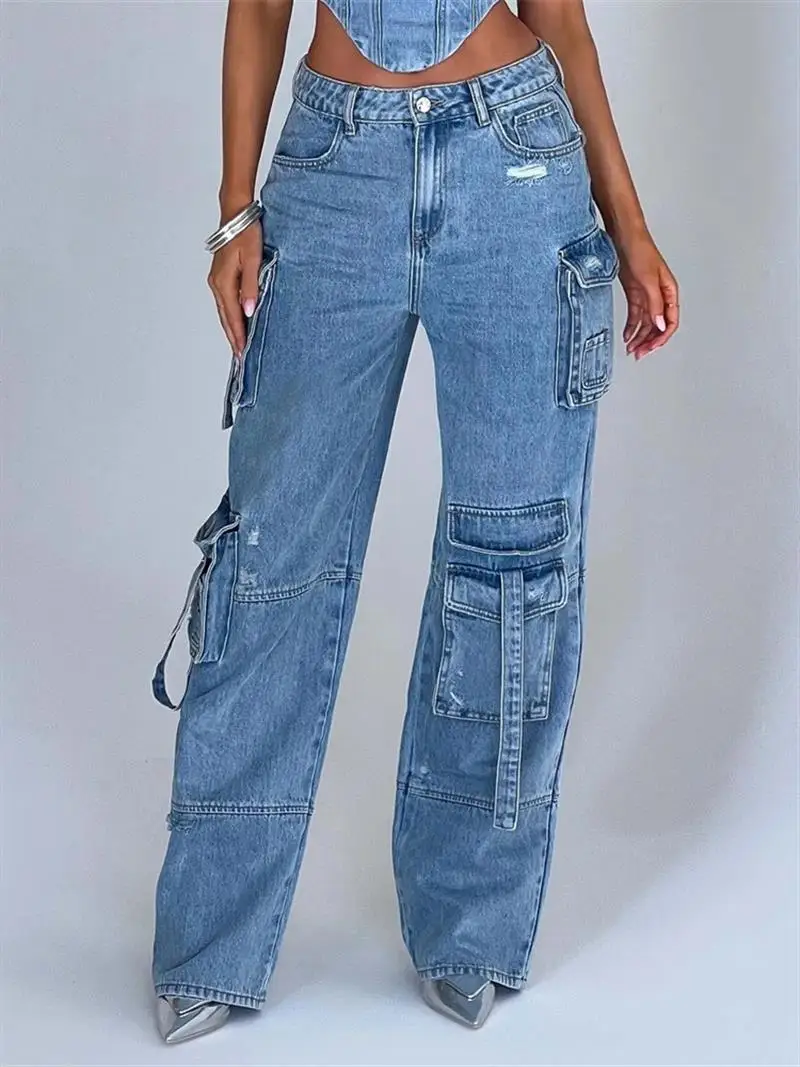 American Low Waist Three-dimensional Pocket Stitching Jeans for Women in Autumn 2024 New Loose Draping Slim Pants