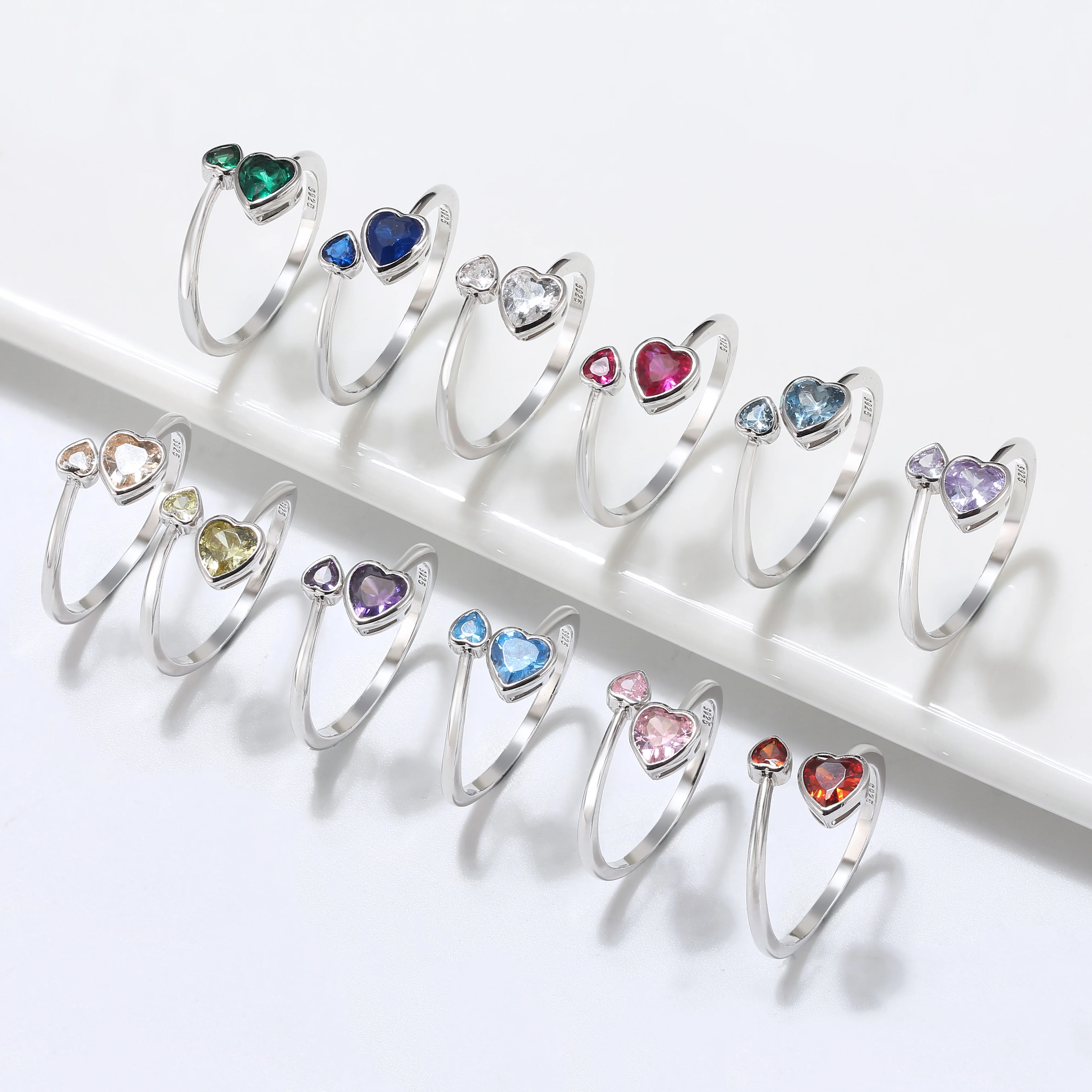 RINNTIN SR323 Colorful Adjustable 925 Sterling Silver Ring Romantic Style with Heart Rhodium Plated Engagement Ring