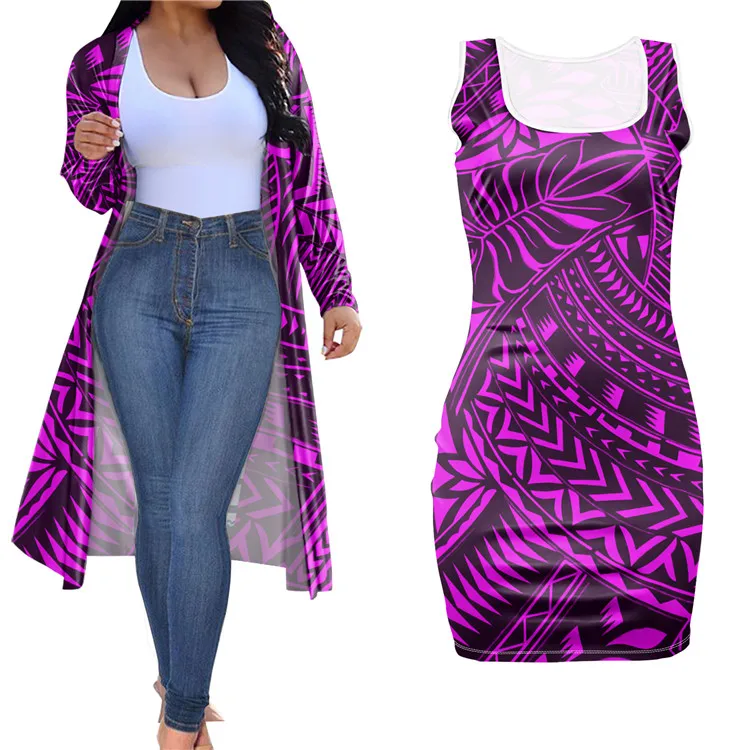 2022 Fashion Trendy Tribal Polynesian Set 2 Piece Outfits Long Sleeve Kimono Long And Sleeveless O-neck Short Dress Floral Print