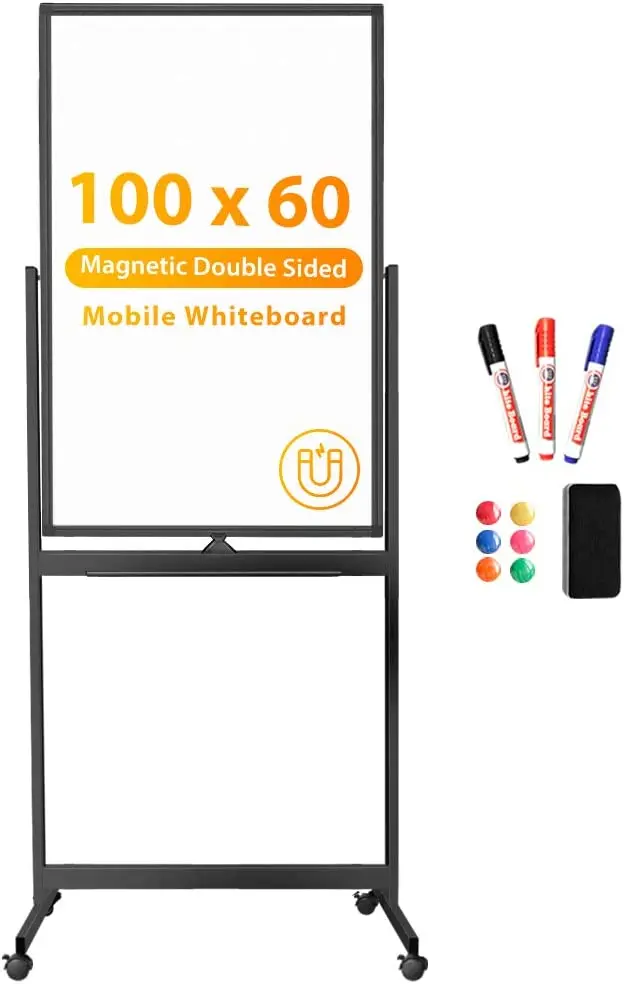 Magnetic Mobile White Board, 40 x 24 Double Sided Dry Erase Board Rolling Whiteboard Black Aluminum Frame Standing Whiteboard on