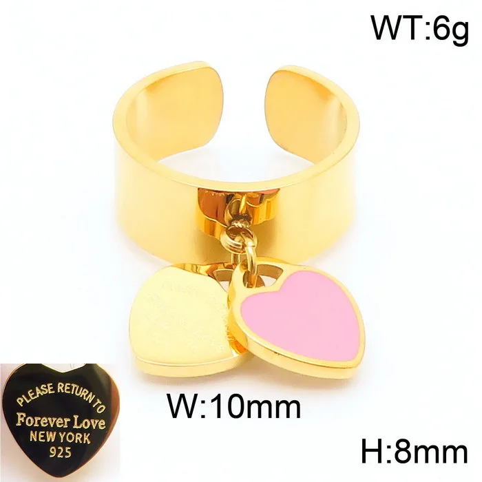 Wholesale Pink Blue Enamel Heart Charm Waterproof Anti Tarnish Designer Gold PVD Plated Girls Open Rings For Women