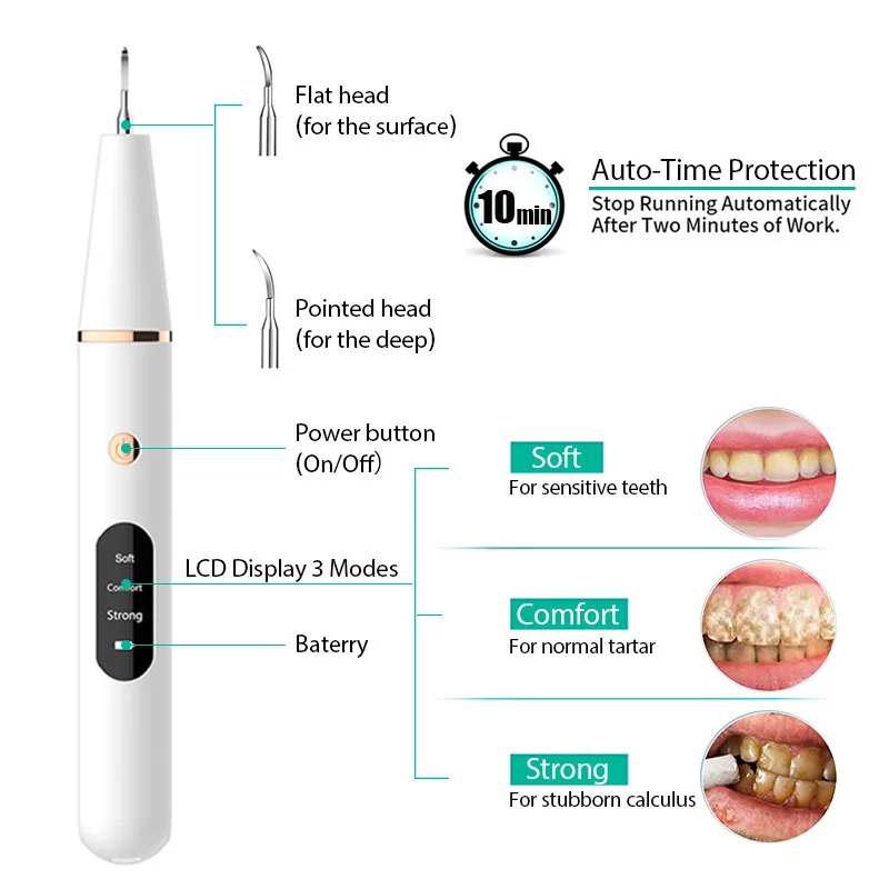 Portable Cordless Teeth Cleaner Kit Ultrasonic Dental Calculus Remover with Battery Power Oral Usage Electric Pick Machine