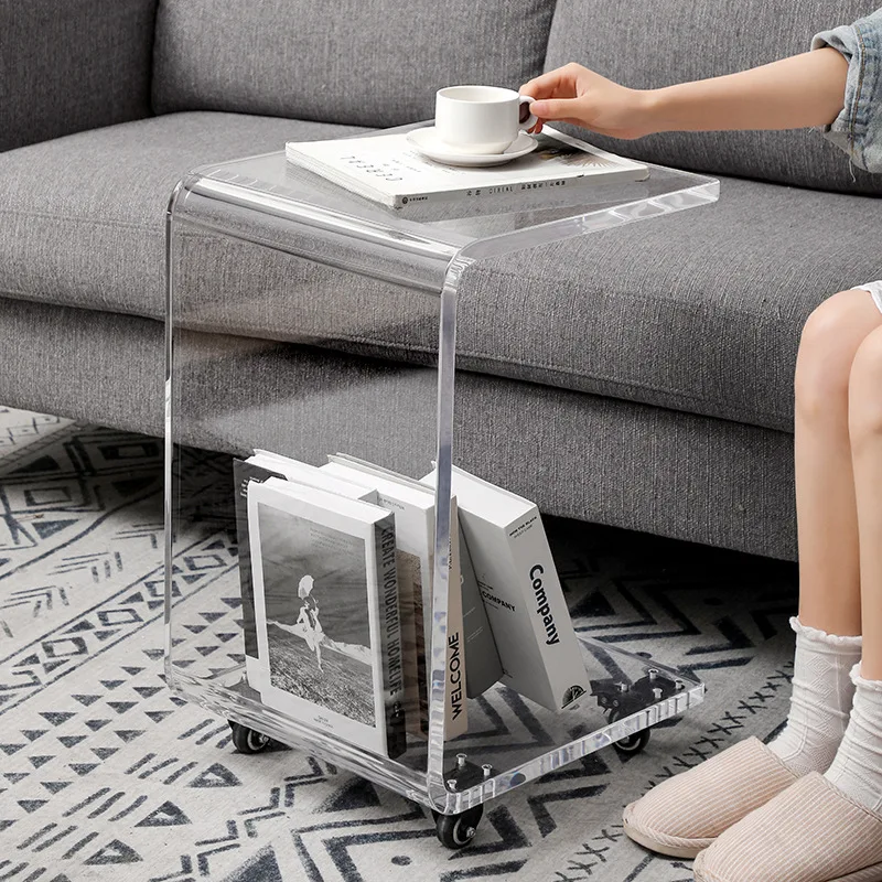 2023 Factory Wholesale Modern Lucite Bedside Table Clear Acrylic Trolley Table C Shape Side Table