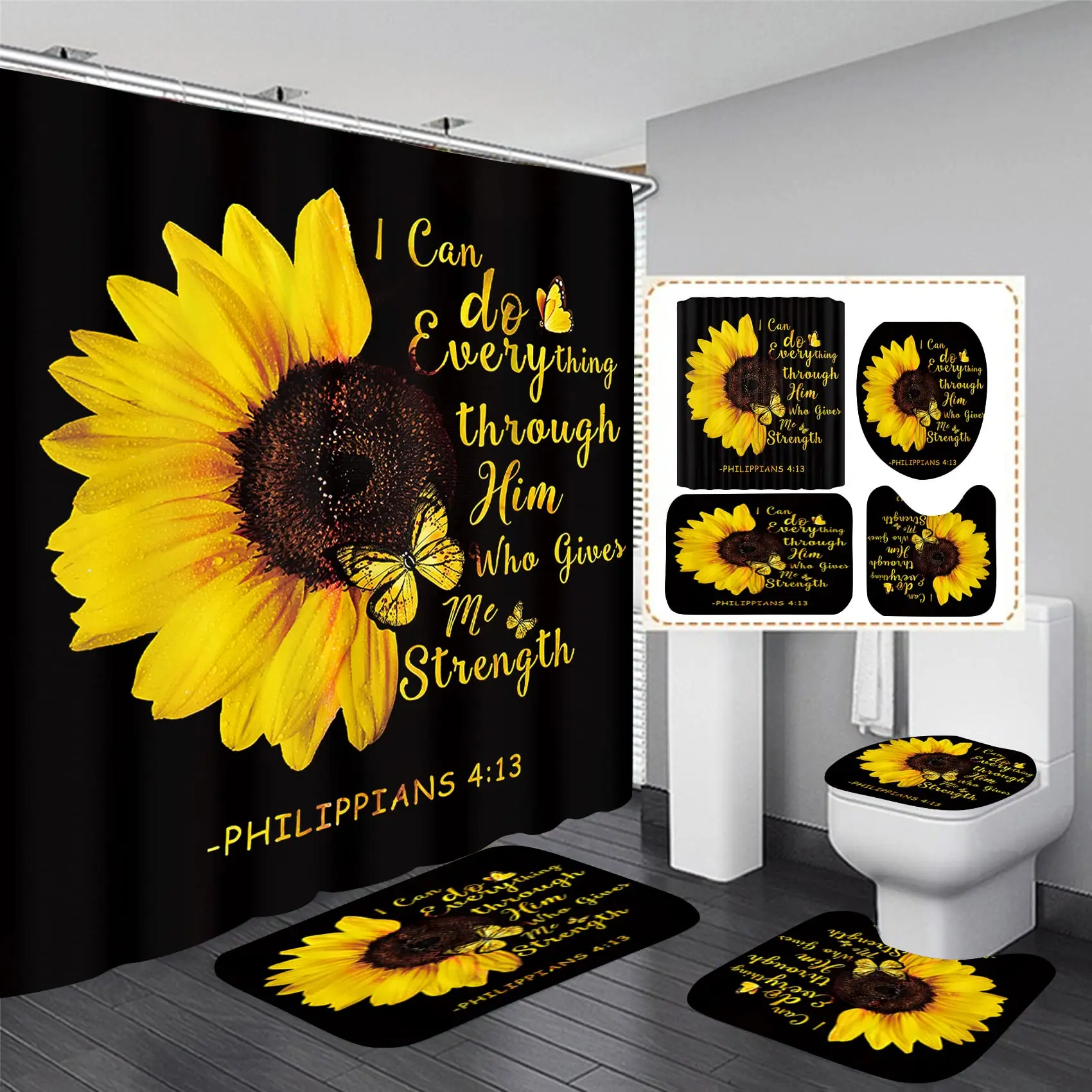 Sunflower Shower Curtain Sets 4 Piece Butterfly Bathroom Decor Sets with Rugs Include Waterproof Shower Curtain 12 Plastic Hooks